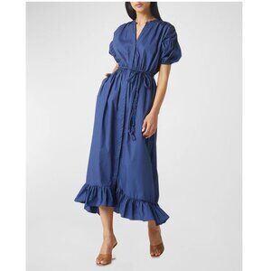NEW MISA Los Angeles Amarine Puff-Sleeve Tie-Belt Cotton Midi Dress P3283 (XL)